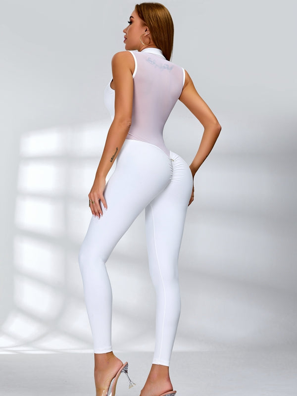 Female Sexy Sheer Mesh Back Deep V Back Scrunch Bum Zipper Jumpsuit