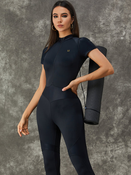 Female PU Half Zipper Peach Booty Jumpsuit