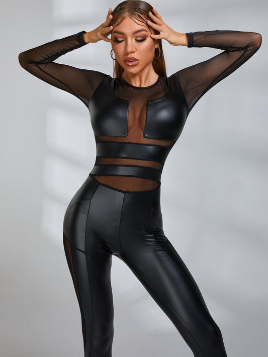Female Faux Leather Mesh Jumpsuit
