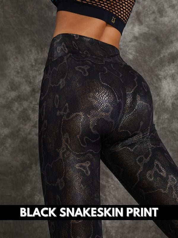 Female PU Faux Leather Snake Print Leggings