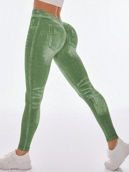 Female Deep V Back Denim Scrunch Bum Leggings