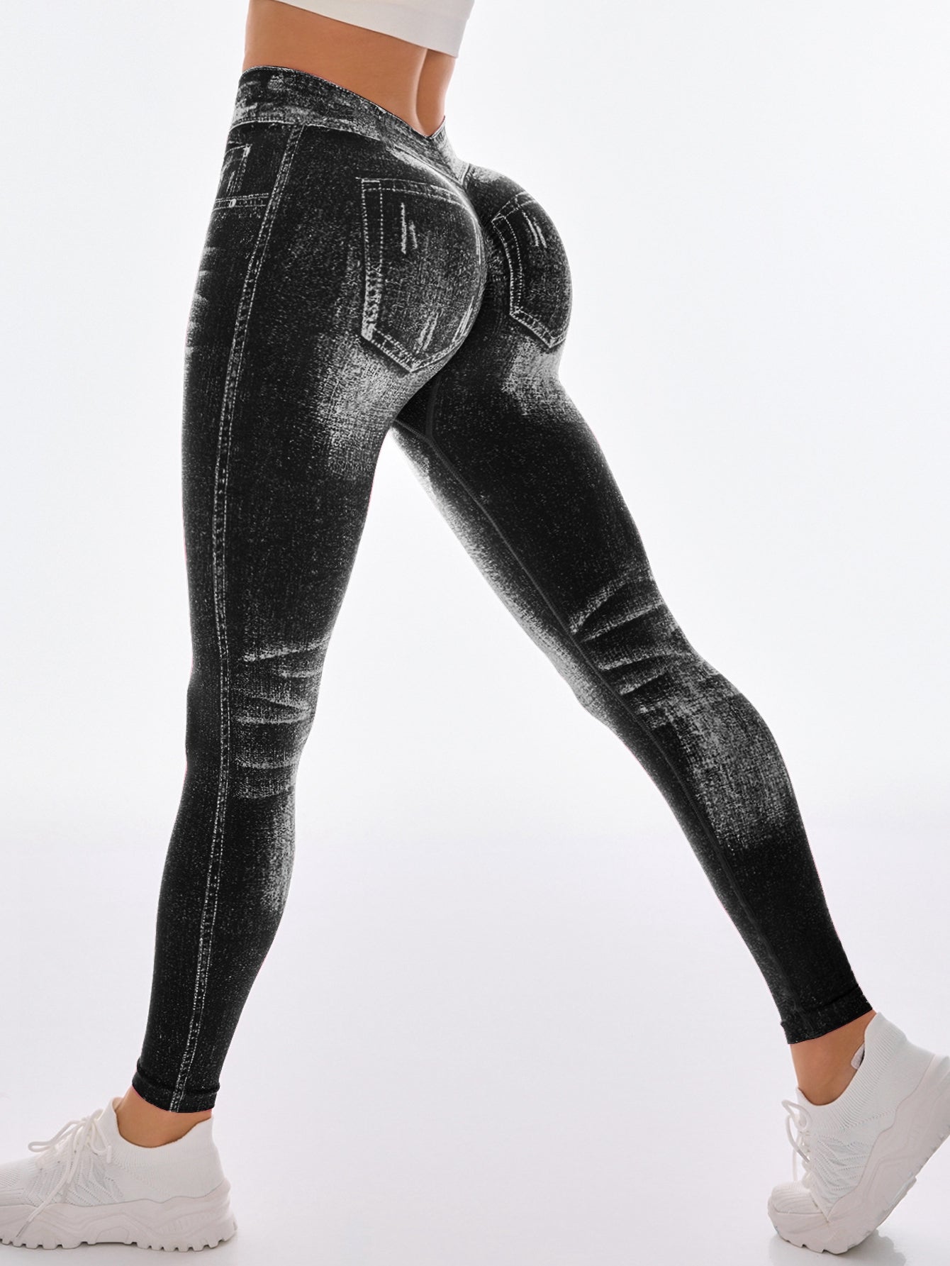 Female Deep V Back Denim Scrunch Bum Leggings