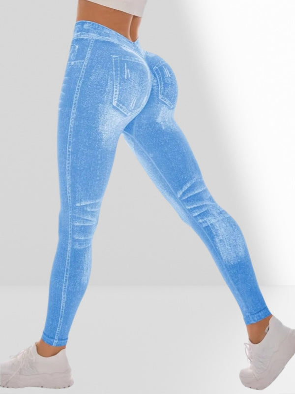 Female Deep V Back Denim Scrunch Bum Leggings