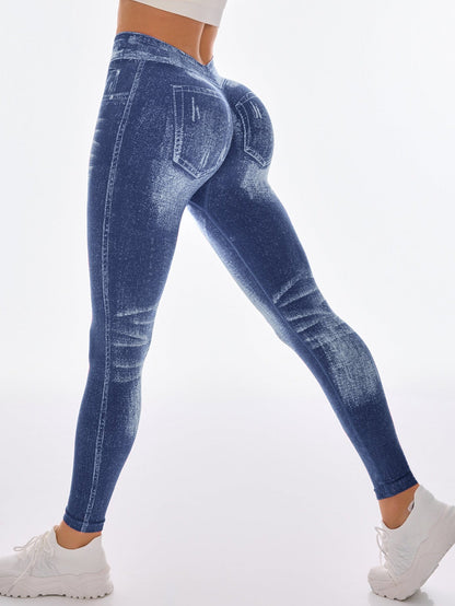 Female Deep V Back Denim Scrunch Bum Leggings